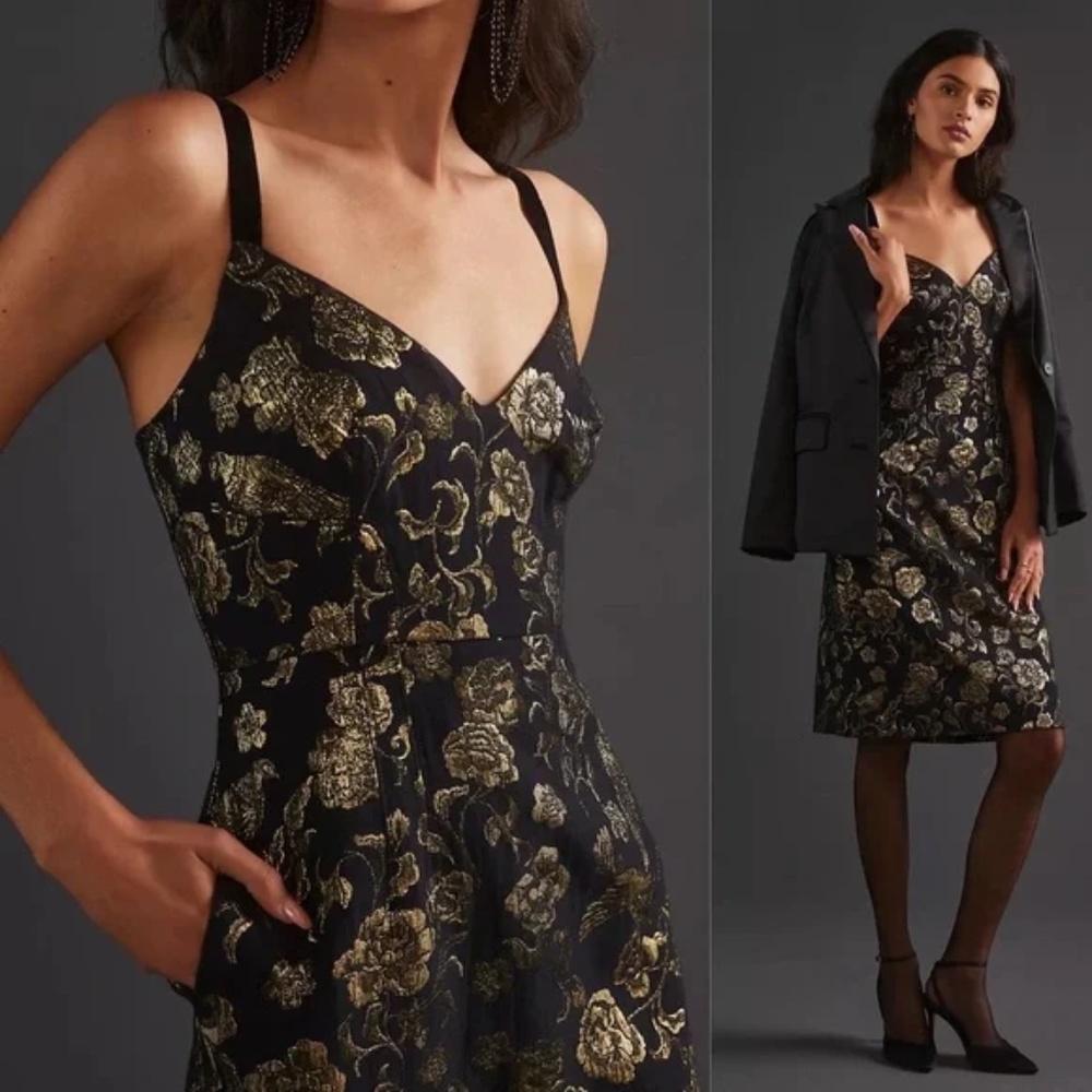 NWT Anthropologie Maeve Slim Jacquard Gold Dress Size 10 - Picture 2 of 10